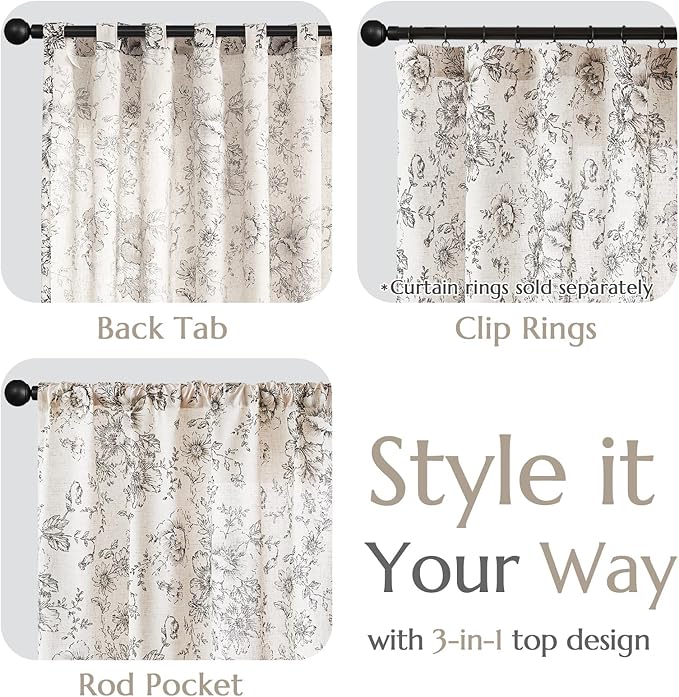 jinchan Vintage Floral Linen Curtains 102 Long for Living Room 2 Panels