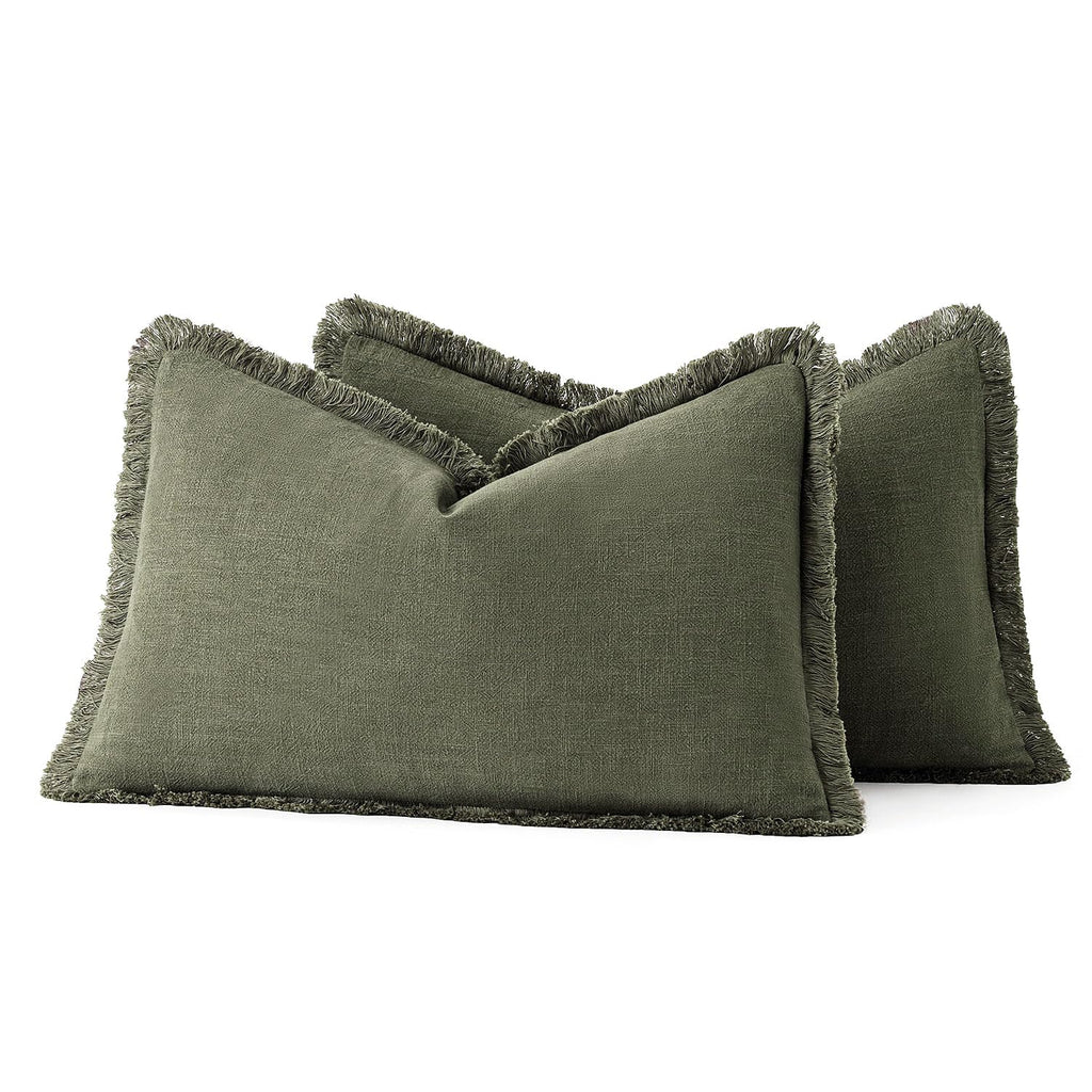MIULEE Boho Linen Decorative Lumbar Throw Pillow Covers Olive Green 12x20