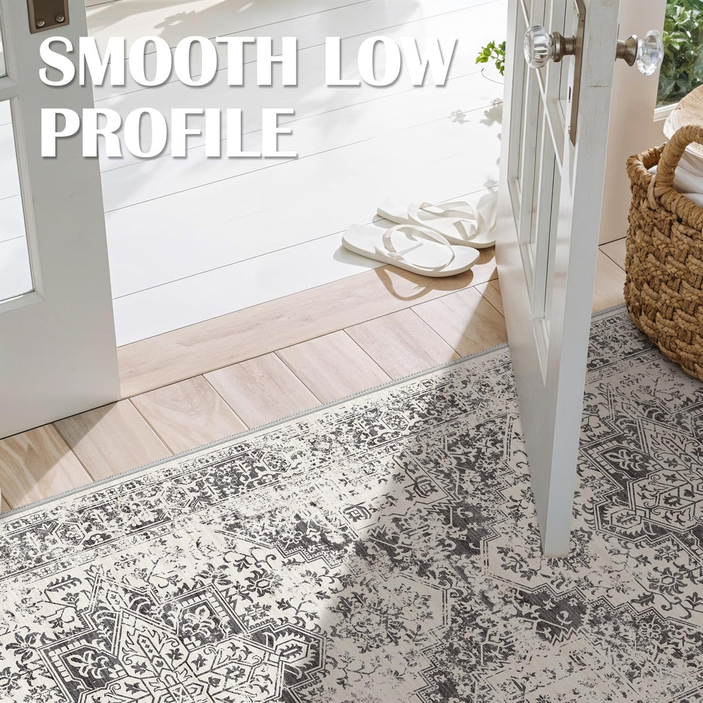 EISUROM 4x8 Washable Hallway Runner Rug: Vintage Wide Low Pile Rugs Gray