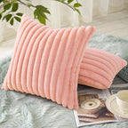 decorUhome Summer Cozy Faux Fur Throw Pillow Covers 16x16 Set of 2 Decorative Plush Striped Modern Farmhouse Boho Couch Pillow Cases with Velvet Back for Sofa Bed Living Room, Blush Pink