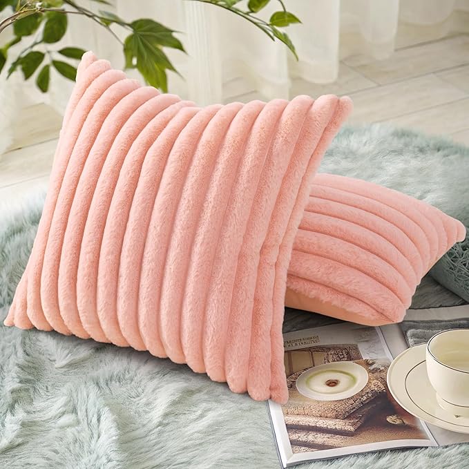 decorUhome Summer Cozy Faux Fur Throw Pillow Covers 22x22 Set of 2 Decorative Plush Striped Modern Farmhouse Boho Couch Euro Sham Pillow Cases with Velvet Back for Sofa Bed Living Room, Blush Pink