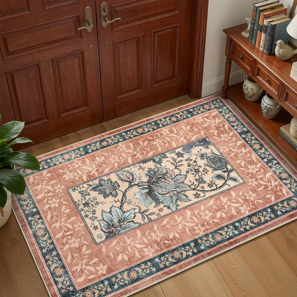 GarveeHome Terracotta Teal Washable 6x9 Area Rugs, Botanical Grove Vintage Cottagecore Non-Slip Rug for Living Room Bedroom Nursery Kitchen Low-Pile Retro Large Carpet