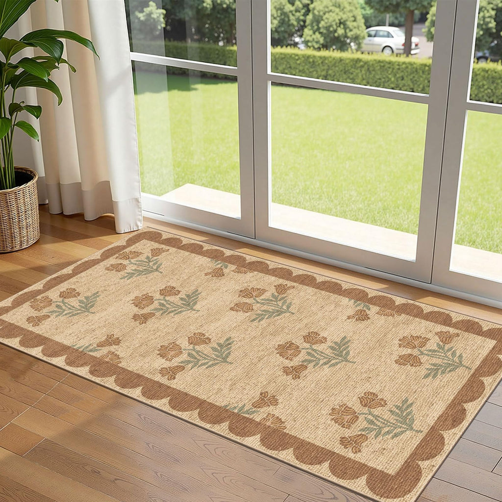 Othilic Front Door Mat Indoor Entrance - 2x4.3 Ft Tan Floral Washable Layered Doormat Outdoor Entrance Porch Rug Non-Slip Neutral Country Jute-Look Runner Rug for Kitchen Mud Laundry Room Porch Decor