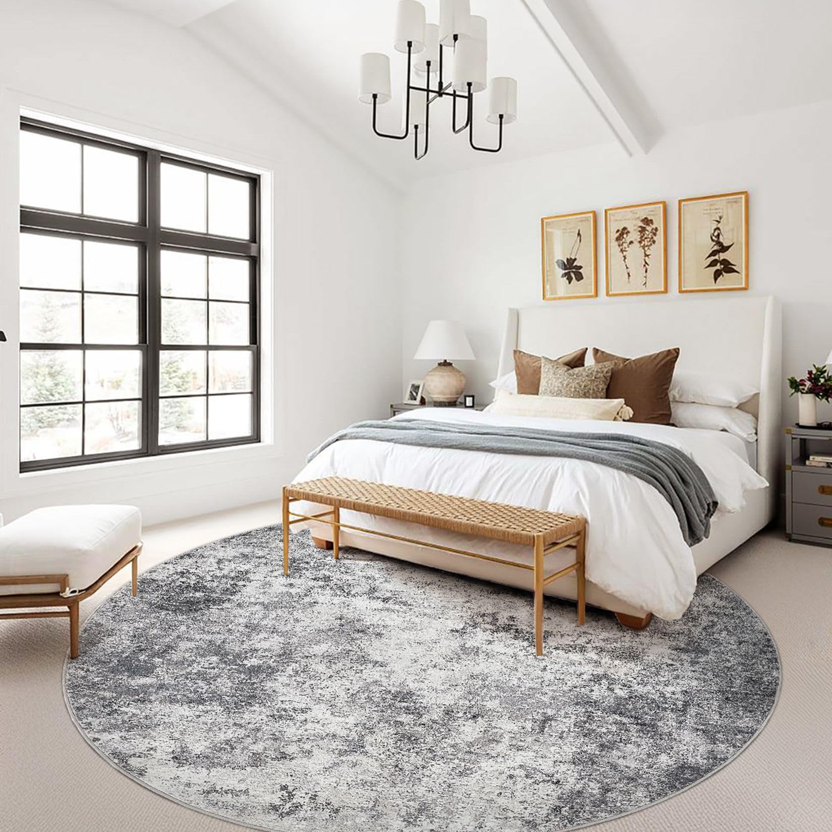 UERMEI 10ft Round Area Rug Living Room Rugs - 10x10 Washable Large Neutral Modern Abstract Soft Thin Rug Indoor Floor No Slip Rug Carpet for Bedroom Under Dining Table Home Office Decor - Grey