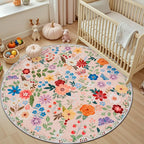 Round Area Rug for Living Room: 4 ft Floral Washable Circle Rug Soft Boho Non-Slip Carpet Indoor Stain Resistant Low Pile Small Circular Rug for Bedroom Entryway Kitchen Nursery Home Office Beige
