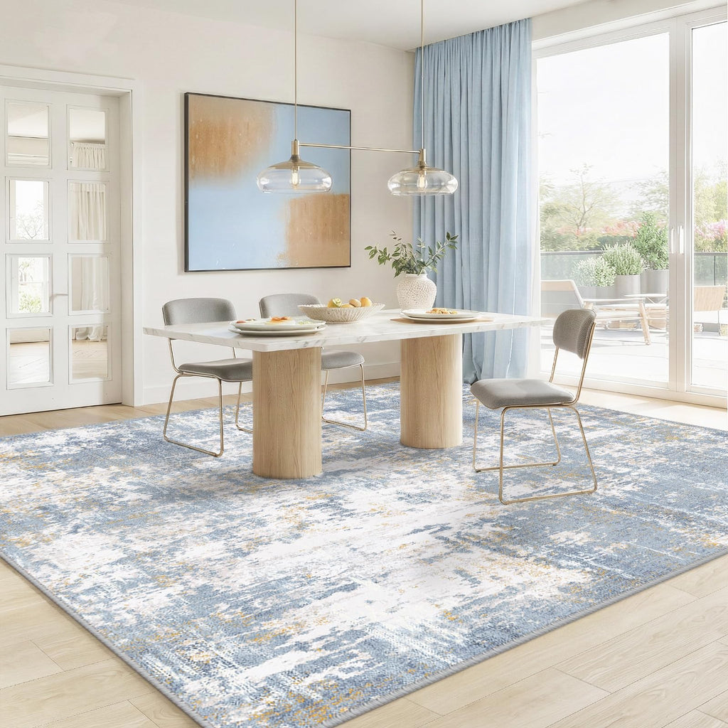 RELEANY Washable 9'x12' Abstract Area Rug for Living Room Light Blue