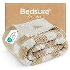 Bedsure Beige Fall Throw Blanket for Couch, Cozy Soft Checkered Blanket, Lightweight Warm Knit Fluffy Throw Blankets for Bed Sofa, Camping, Picnic, Travel, Gifts for Women Men, 50x60 Inches