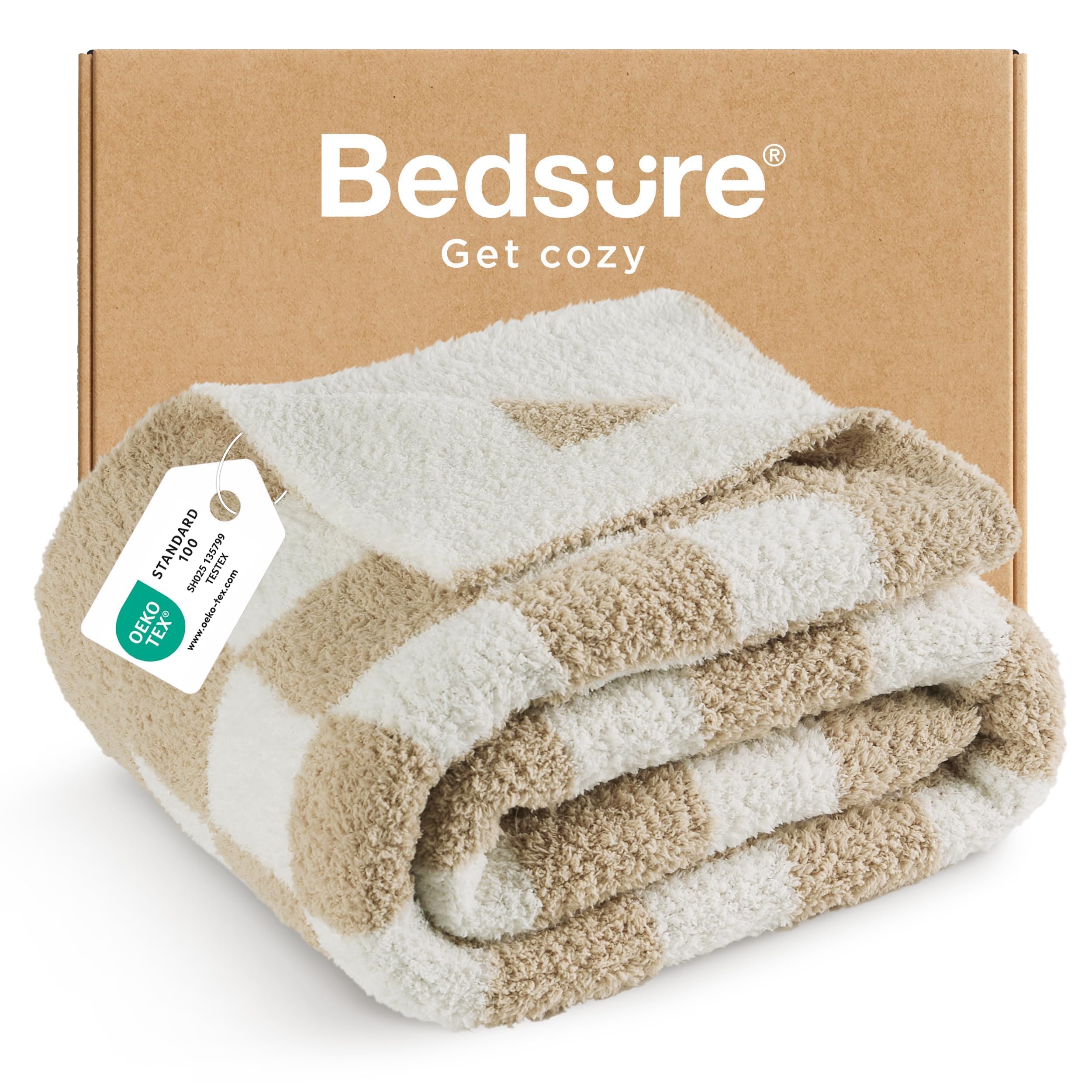 Bedsure Beige Fall Throw Blanket for Couch, Cozy Soft Checkered Blanket, Lightweight Warm Knit Fluffy Throw Blankets for Bed Sofa, Camping, Picnic, Travel, Gifts for Women Men, 50x60 Inches