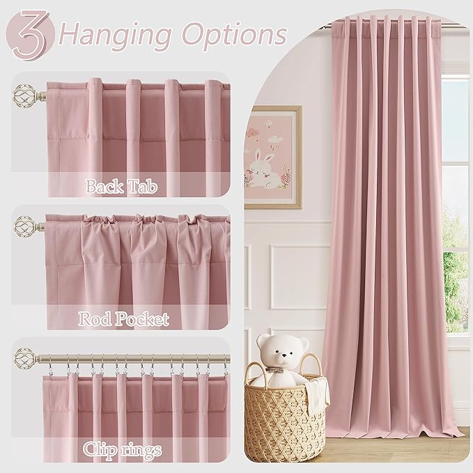Guken Pink 100% Blackout Linen Curtains 108 Inch 2 Panels Set for Girl's Bedroom, Living Room, Nursery, Back Tab/Rod Pocket Thermal Insulated Black Out Drapes Room Darkening Farmhouse Window Curtains
