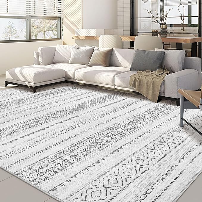 Nakagishi Area Rug Living Room Rugs: 12X15 Machine Washable Boho Large Neutral Farmhouse Stain Resistant Moroccan Indoor Floor Carpet for Bedroom Nursery Dorm Dining Room Home-Color Gray