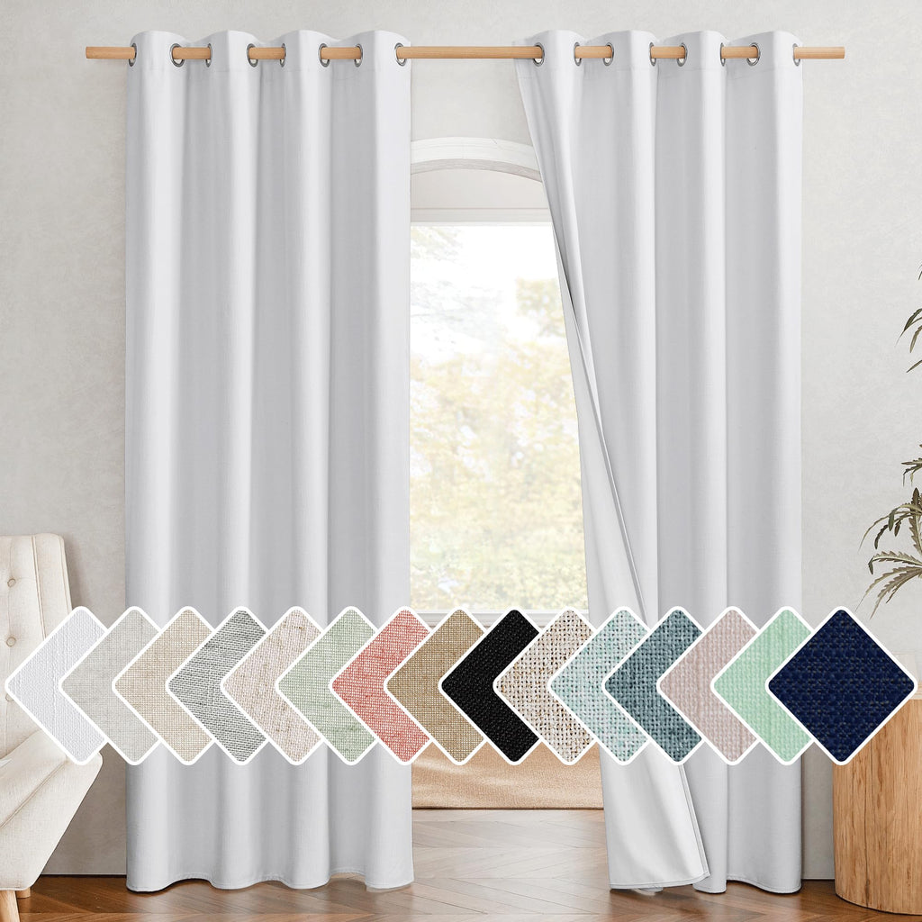 NICETOWN 100% Absolutely Blackout Linen Curtains with Thermal Insulated White Liner, White, 52 inches Wide, 84 inches Length Energy Saving Curtains for Living Room 2 Panels Set, Vertical Blinds