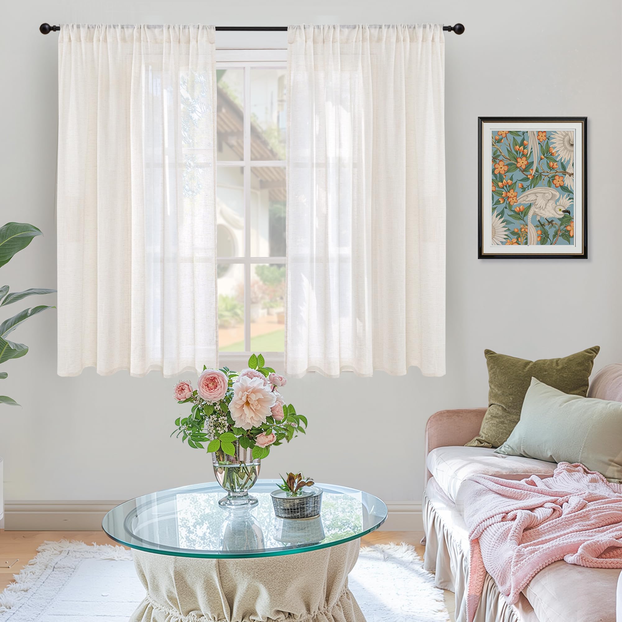 BGment Short Linen Curtains 54 Inch Length for Living Room - Rod Pocket Light Filtering Drapes Semi Sheer Textured for Bedroom Country Decorative Lightweight Natural Rustic, 2 Panels Set, 42 X 54 Inch
