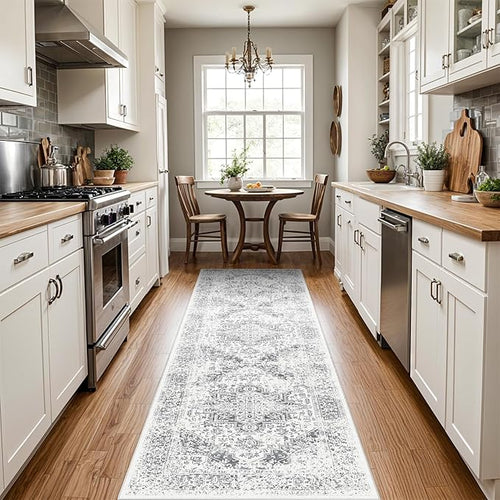 2'6"x8 Washable Runner Rug: Vintage Non-Slip Medallion Rug for Kitchen Gray