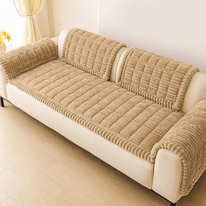 hyha Couch Covers for Dogs Washable, Non Slip Plush Dog Sofa Protectors, Fuzzy Pet Couch Covers for 3 Cushion Sofa Pet Friendly (Camel, 27.6" x 27.6")