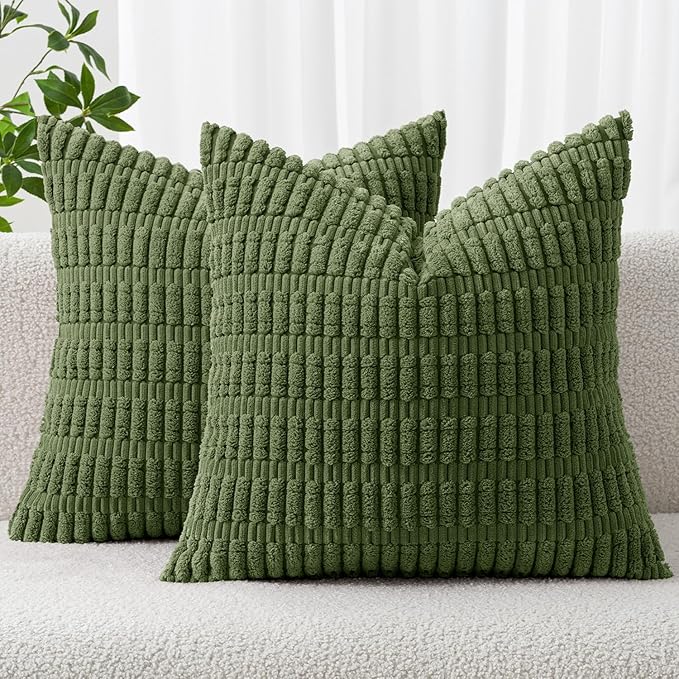 MIULEE Corduroy Decorative Throw Pillow Covers 18x18 Moss Green Pack of 2