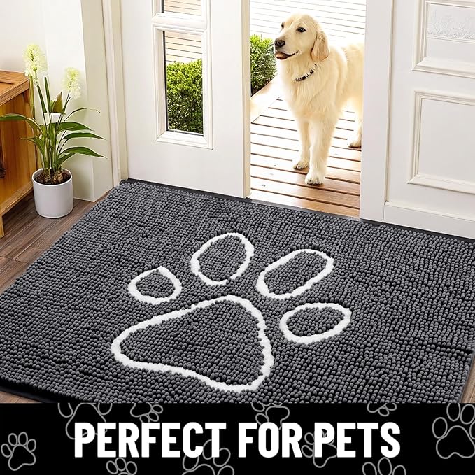 Smiry Dog Door Mat for Muddy Paws, Absorbent Dirt Trapper Non Slip Quick Dry Washable Chenille Mat for Mud Dogs, Entry Rug for Indoor and Outdoor (70x32 Inches, Dark Grey and White)