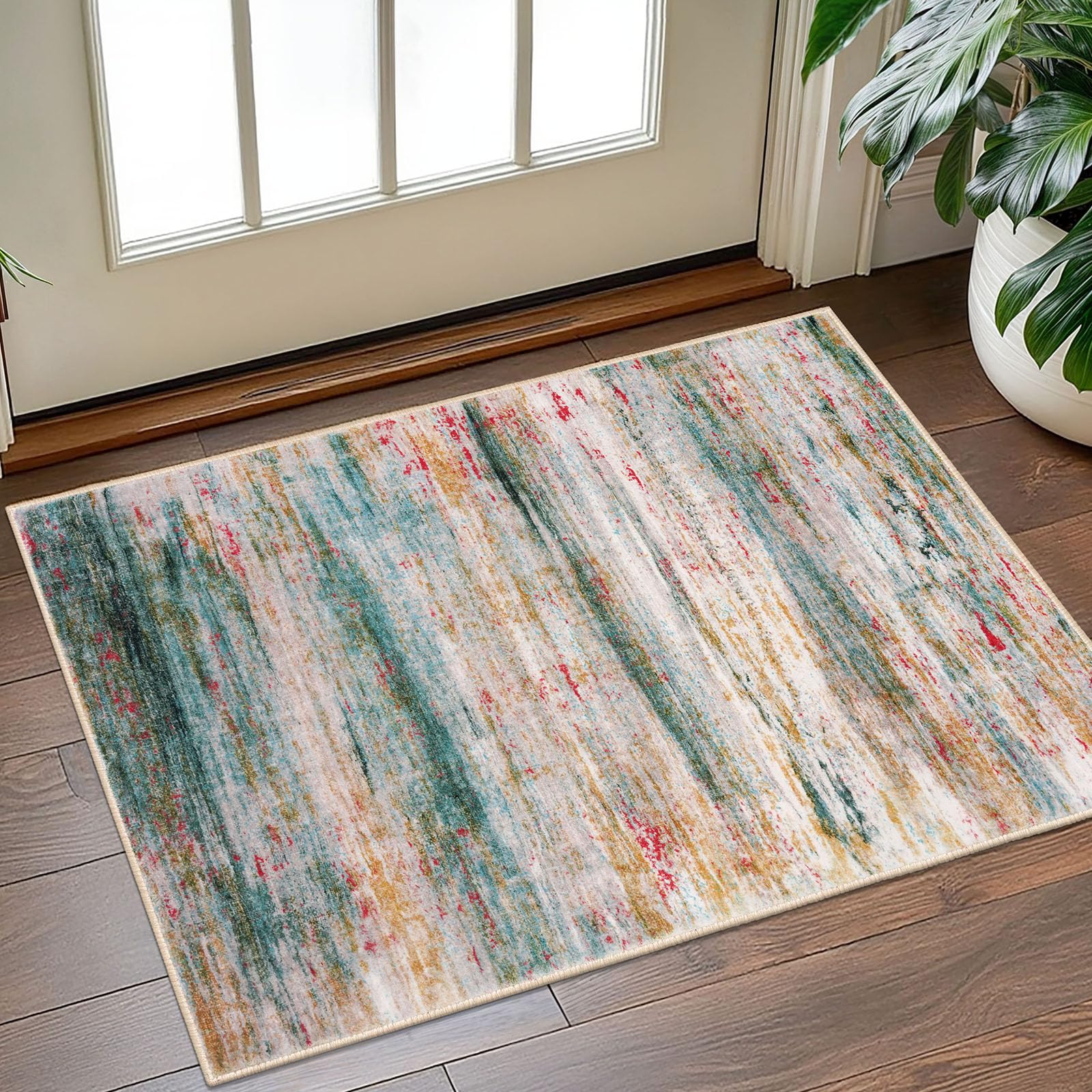 KOZYFLY Modern Abstract Small Area Rugs, 2x3 Washable Kitchen Rug Non-Slip Soft Small Bathroom Rug, Green Striped Entryway Rugs Abstract Print Faux Wool Doormat for Bedside Entrance Bedroom Sink