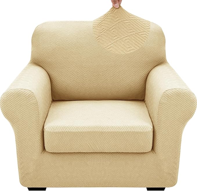 XINEAGE 2026 New 2 Pieces Chair Covers with Arms Super Stretch Chair Slipcover for Living Room Pet Dog Universal Slip Cover Anti Slip Armchair Furniture Protector (Beige), 31"-46"(1 Cushion)