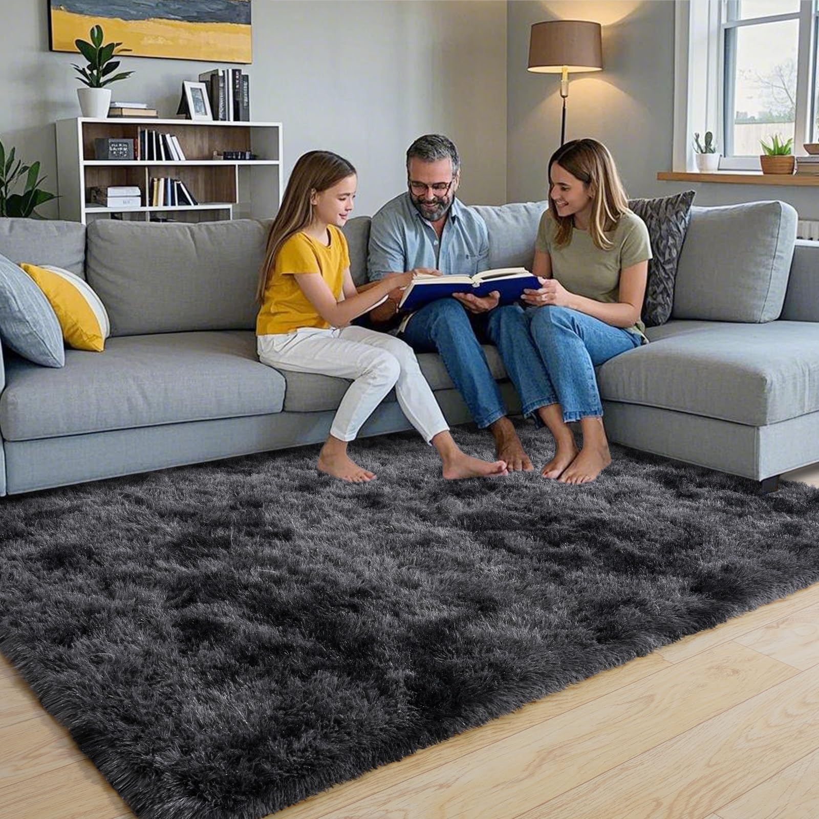 Pionblank Fluffy Area Rug for Bedroom 4x6, Indoor Plush Carpet, Dark Grey