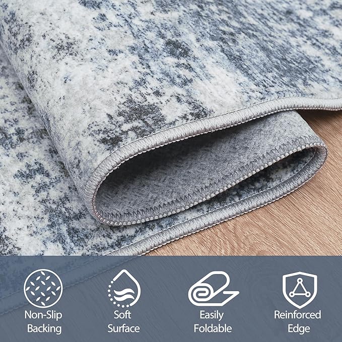Round Rug 6ft Circle Rug Washable: Carpet Small Circular Area Rug for Entryway Kitchen Bedroom Dining Room Living Room 6 Feet Abstract College Dorm Non Slip Low Pile Blue Grey
