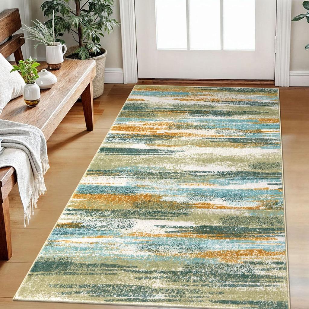 Lansny Modern Abstract Small Area Rug Indoor 3x5 Washable Rug Non-Slip Soft Entryway Rug Green Mustard Multi Kitchen Mats Thin Print Faux Wool Floor Carpet Throw Rugs for Entrance Bedroom Home Decor