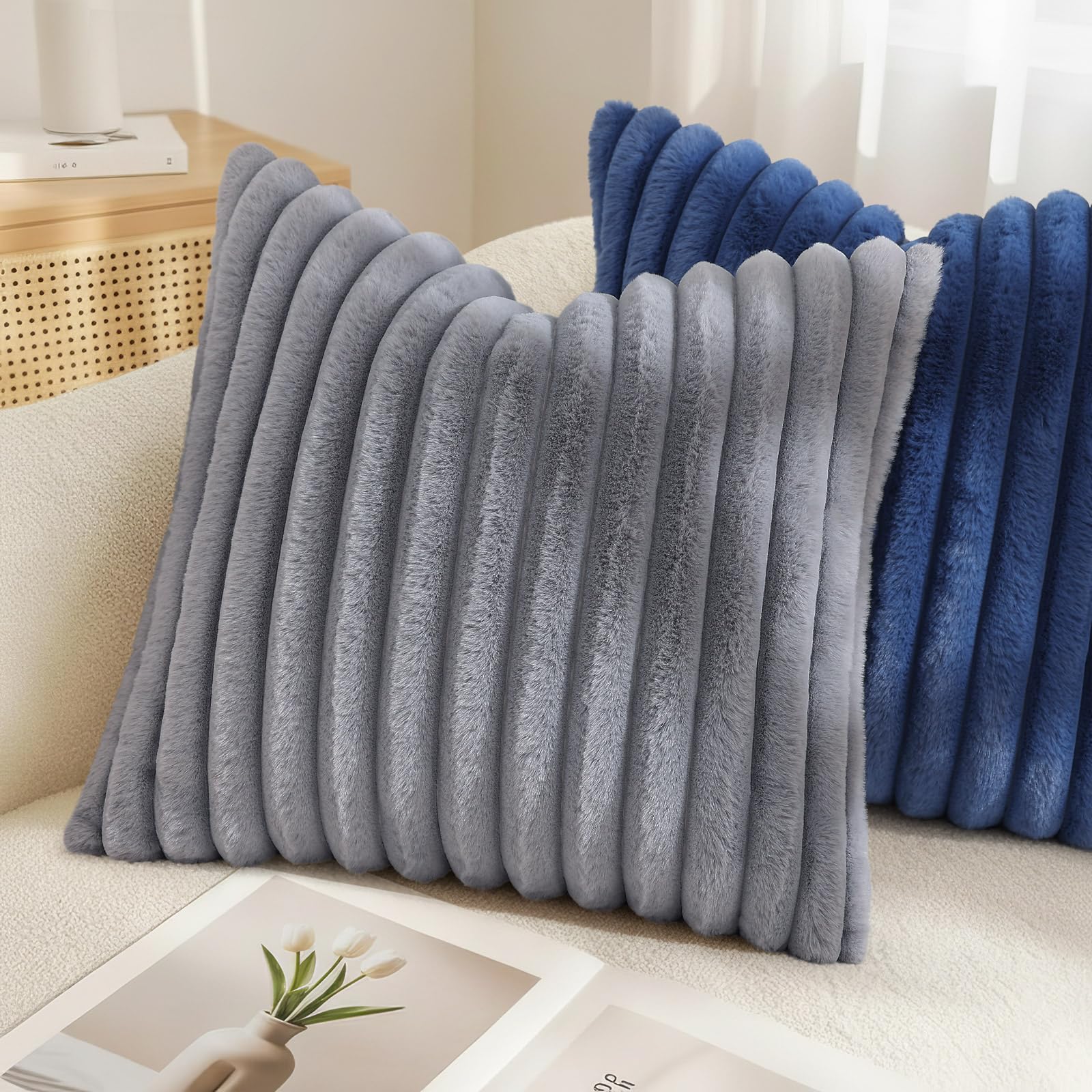 decorUhome Fall Faux Fur Throw Pillow Covers 24x24 Set of 2 Grey