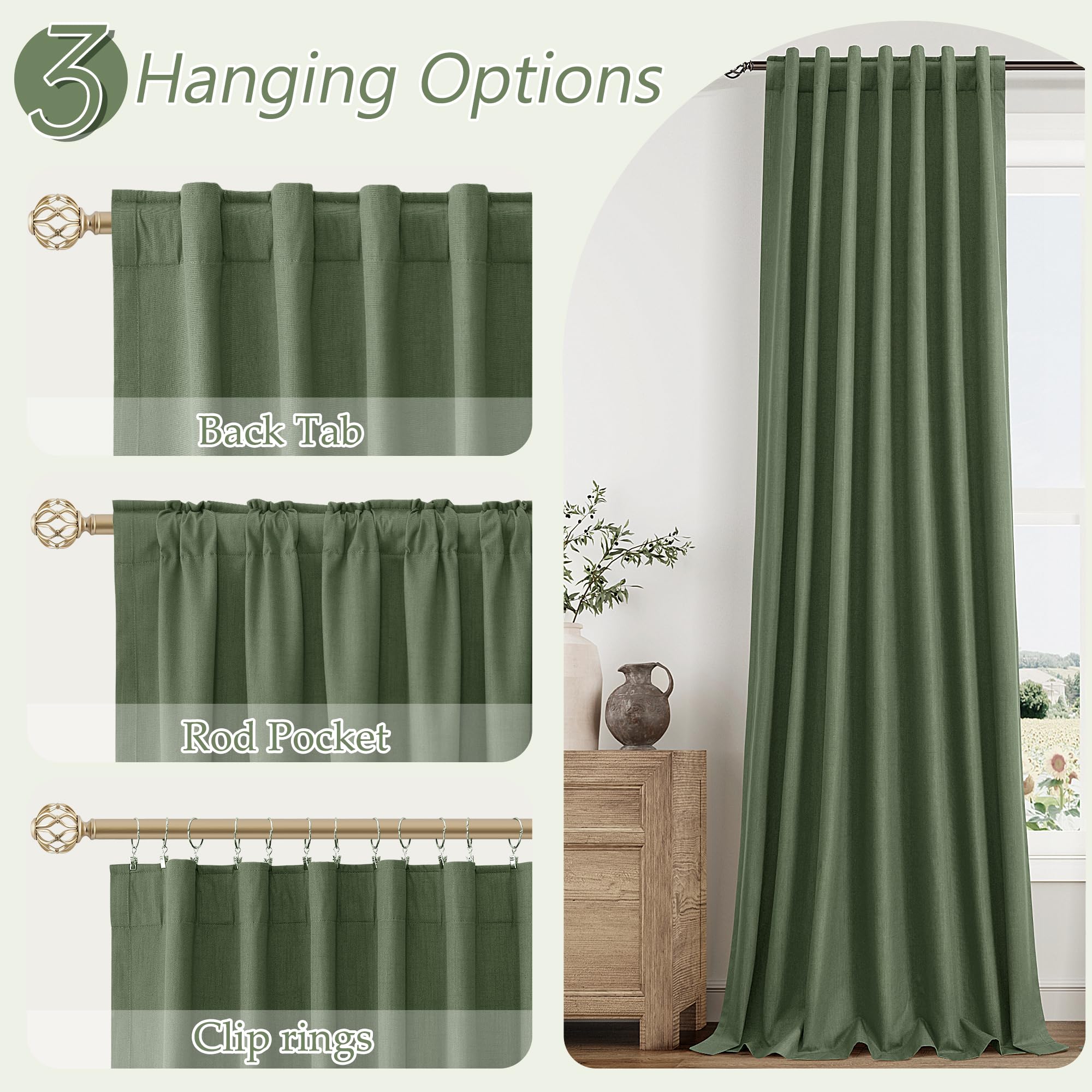 Guken Olive Green 100% Blackout Curtains 102 Inch Length 2 Panels Set for Living Room Bedroom Back Tab Thermal Insulated Black Out Linen Drapes Room Darkening Window Curtains,52x102