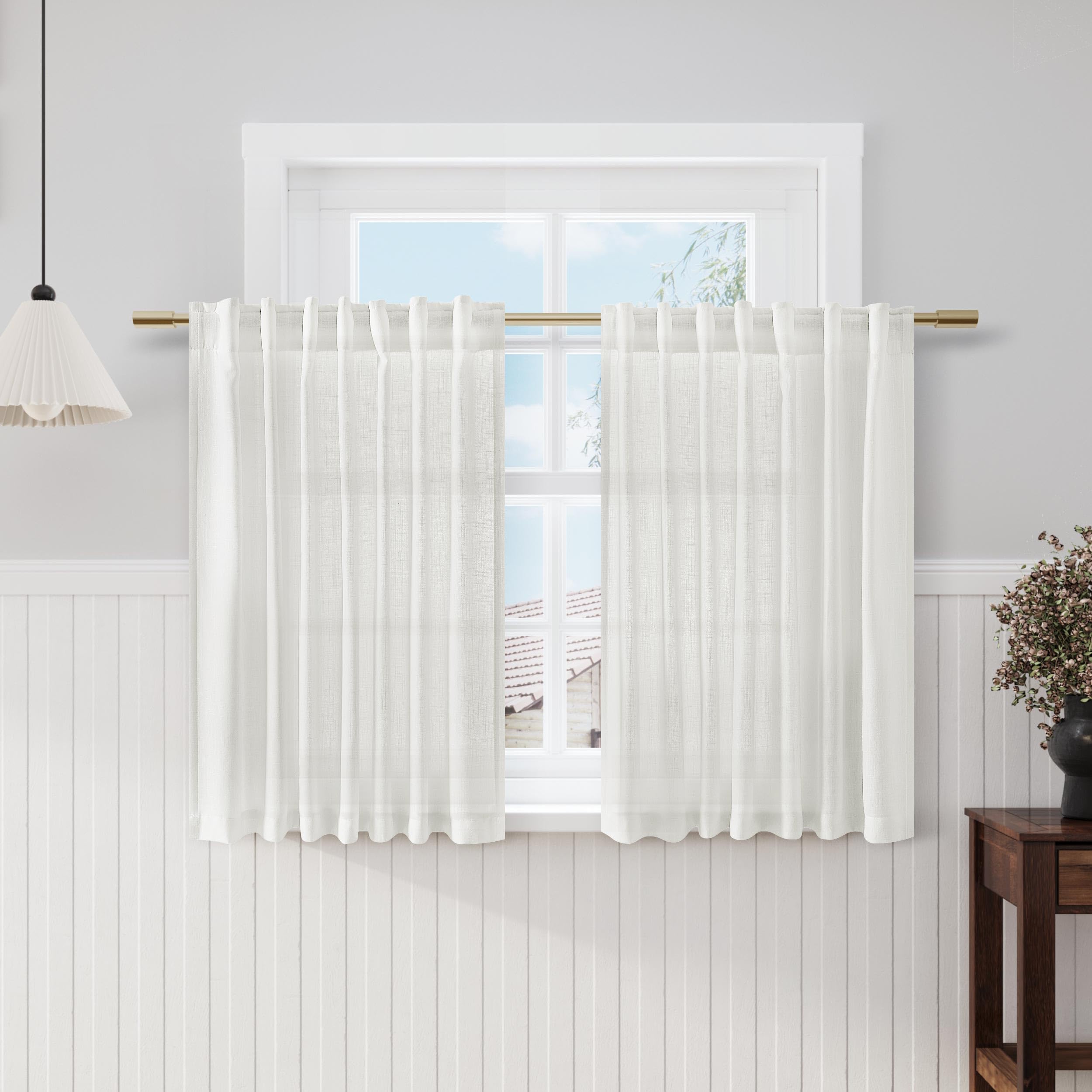 Nanspring Off White Cafe Curtains 45 Inch Length Set 2 Panel Back Tab Pocket Semi Sheer Short Linen White Curtain Tiers for Small Bathroom Window Basement 52x45