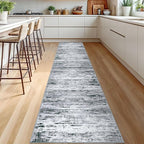 Lansny Modern Abstract Runner Rug 2.6x12, Black Grey White Washable Long Kitchen Runner Non-Slip Soft Hallway Rug Runner Thin Print Faux Wool Carpet for Entryway Bedroom Laundry Room Indoor Home Decor