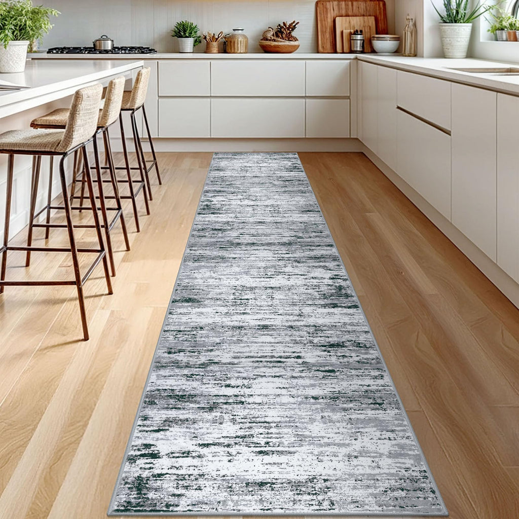 Lansny Modern Abstract Runner Rug 2.6x12, Black Grey White Washable Long Kitchen Runner Non-Slip Soft Hallway Rug Runner Thin Print Faux Wool Carpet for Entryway Bedroom Laundry Room Indoor Home Decor