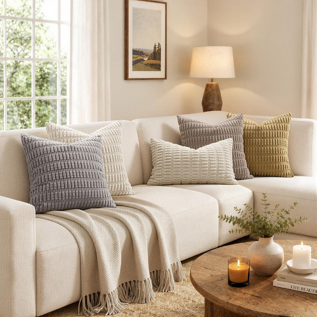 MIULEE Corduroy Decorative Throw Pillow Covers 16x16 Cream White Pack of 2
