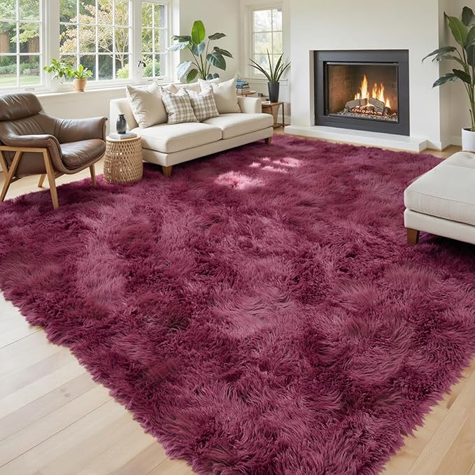 Area Rugs 9x12 Living Room, Burgundy Large Shaggy Carpet Plush Furry Rug