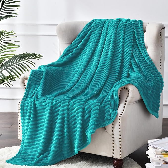 BEDELITE Ribbed Jacquard Ocean Blue Fleece Twin Blanket for Bed, 60x80 Inch