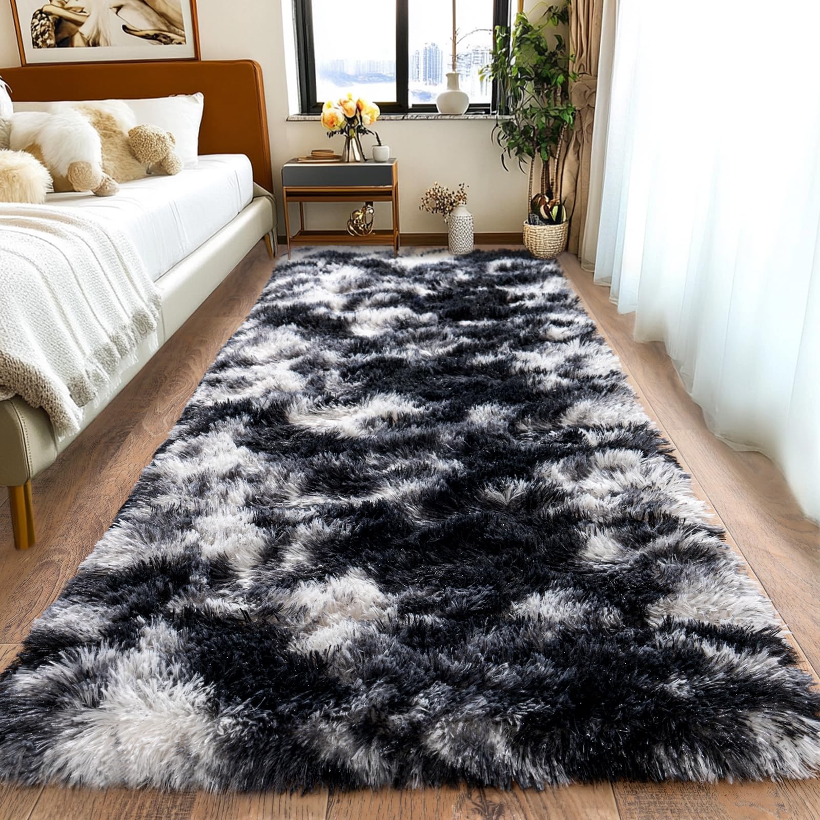 Pionblank Fluffy Runner Rugs for Bedroom 2x6, Black White