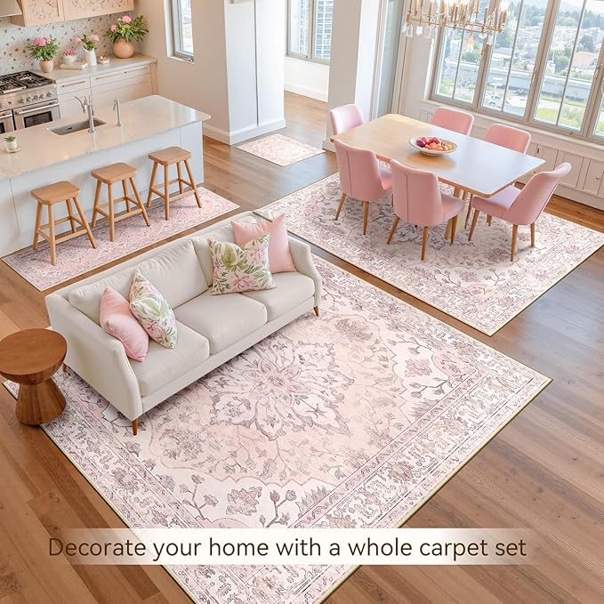 RELEANY Area Rugs 2'x10' Runner Rug Non Slip Washable for Kitchen Hallway Bedroom Beside Laundry Room Bathroom Rug, Floor Carpet, Pink Greypink Cute
