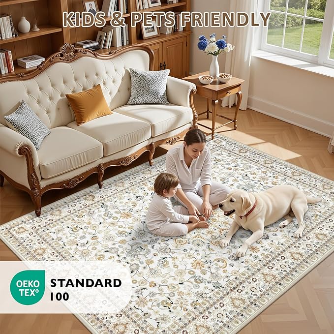Area Rugs 9x12 Living Room Rug: Washable Rug Soft Vintage Boho Carpet Indoor Floor Non-Slip Stain Resistant Large Carpets for Bedroom Dining Room Farmhouse Nursery Home Office Beige