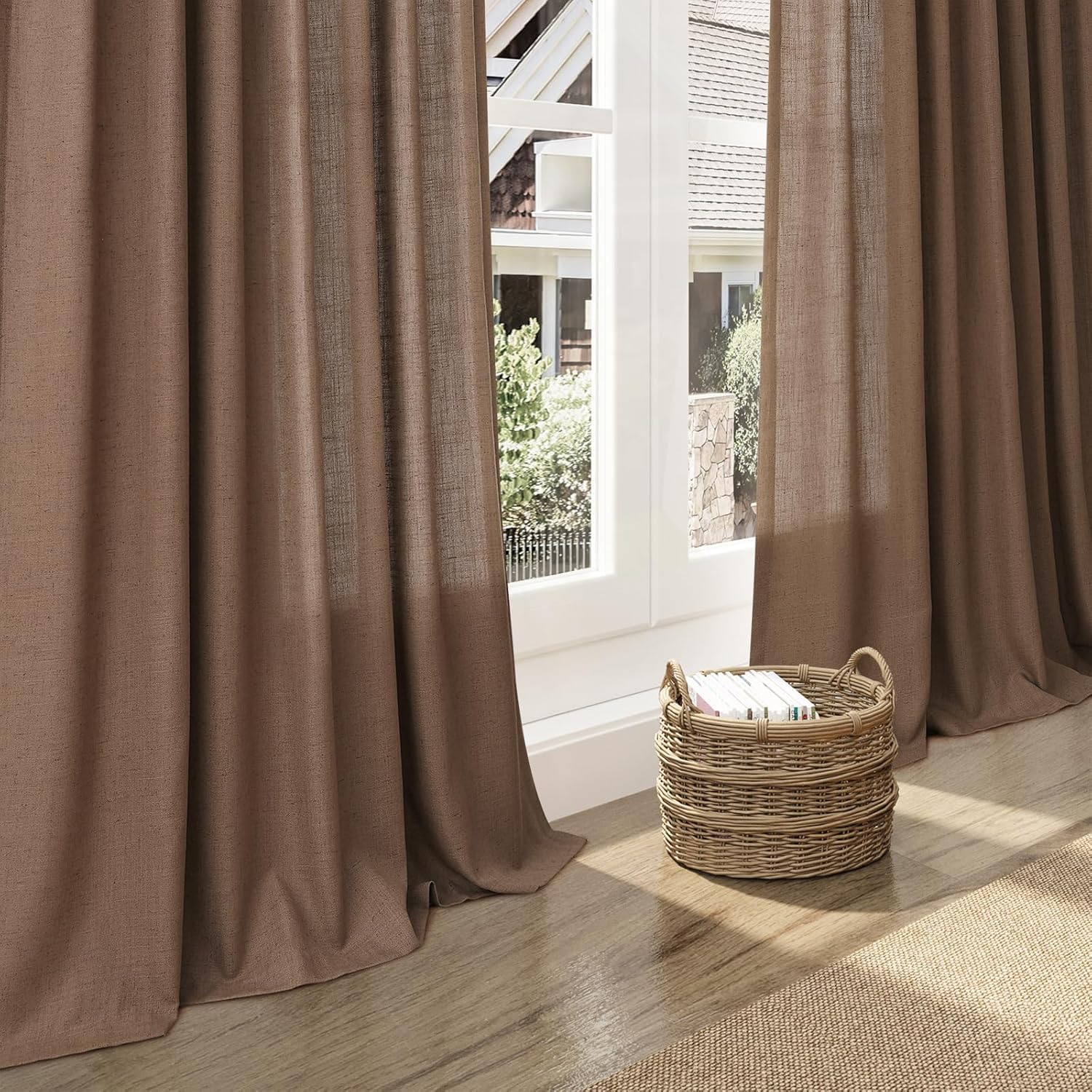 Nanspring Caramel Brown Linen Curtains for Living Room 92 Inches Long Back Tab Light Filtering Semi Sheer Vintage Rustic Curtain Luxury Boho Decor Drapes for Bedroom Office 52x92, 2 Panels