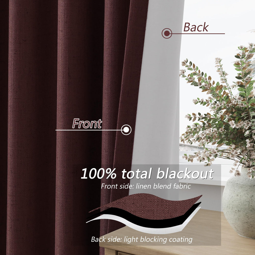 Guken 100% Blackout Curtains 90 Inch Length 2 Panels Set for Living Room Bedroom Back Tab Thermal Insulated Black Out Linen Drapes Room Darkening Reddish Brown,52x90