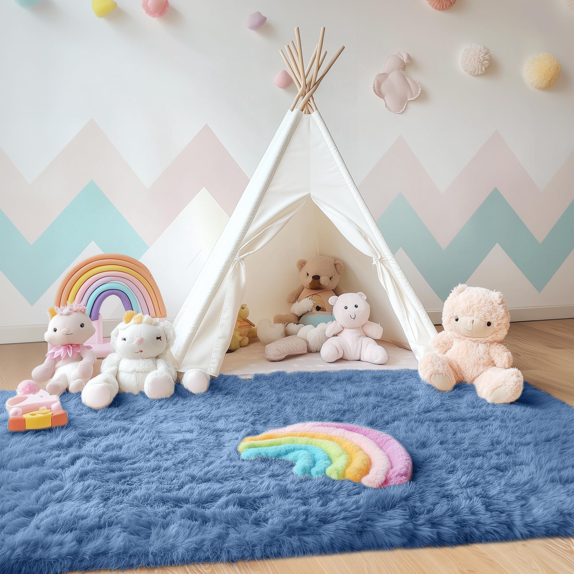 OLANLY Area Rugs for Living Room Bedroom, Machine Washable 4x5.9 ft Soft Fluffy Shaggy Bedside Rug, Indoor Floor Carpet for Kids Girls and Boys, Dorms, Nursery Rooms, Home Decor Aesthetic, Blue