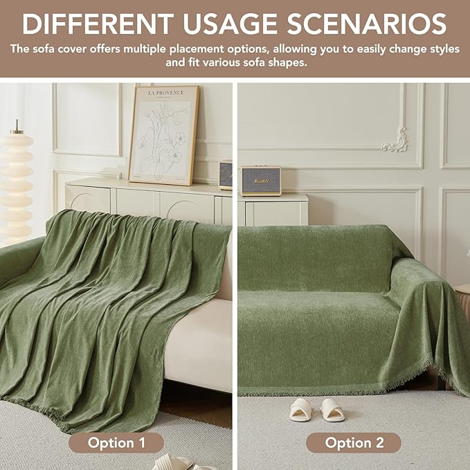 Couch Cover for Dogs, Boho Sofa Covers for 3 Cushion Couch, Chenille Sofa Slipcover for Pets Washable, L-Shape Sectional Couch Cover Soft Throw Blankets with Tassels(91x118,Green)