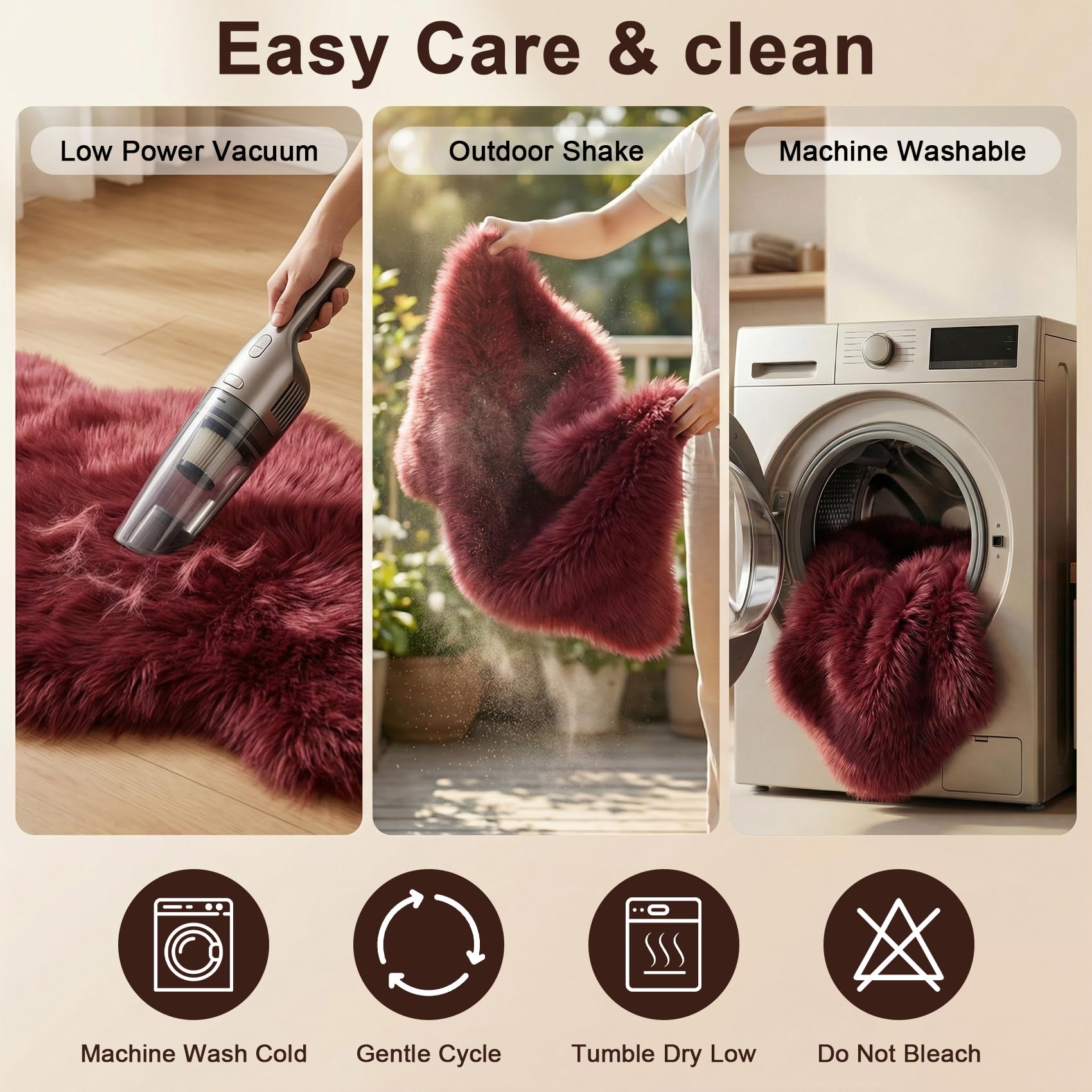 duduta Burgundy Faux Sheepskin Rug 2x3 ft, Fluffy Fur Seat Chair Covers