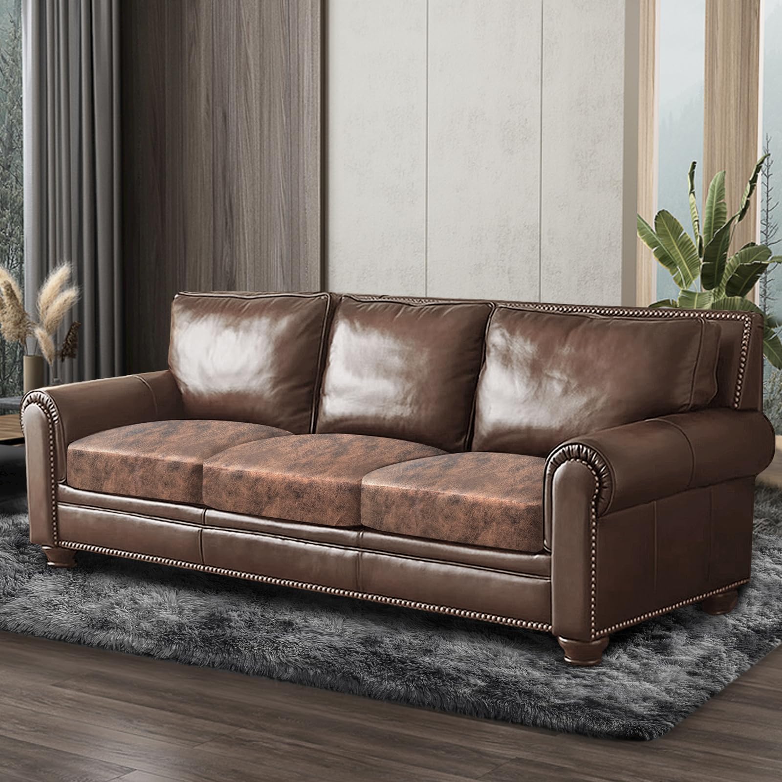 ANARACHON Leather Look Couch Cushion Covers Sofa Seat Slipcovers Sets Couches Furniture Protector for Sectional Armchair Loveseat Pets Kids Stretch Spandex Fabric (3 Cushion Sofa, Light Brown)