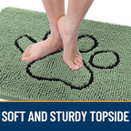 OLANLY Dog Door Mat for Muddy Paws 30x20, Paw Print Design, Absorbs Moisture and Dirt, Absorbent Non-Slip Washable Doormat, Quick Dry Chenille Mud Mat, Entry Indoor Entryway Carpet, Olive Green