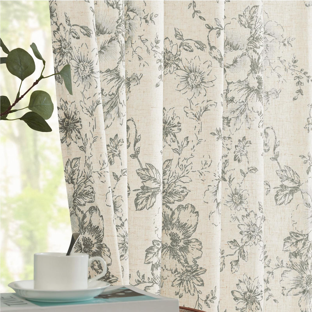 jinchan Grey Floral Linen Light Filtering Curtains for Living Room 90 Inches Long