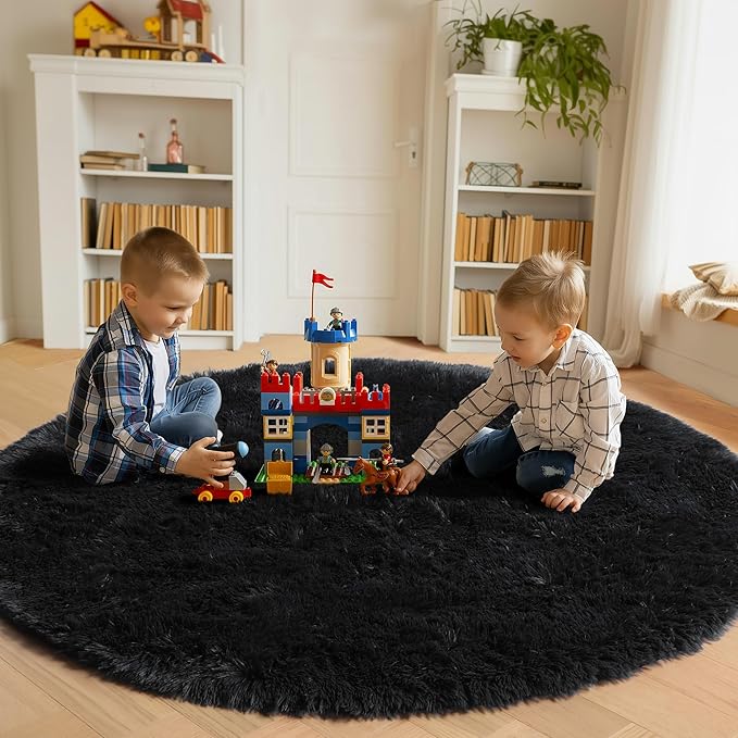 ONASAR Black Round Rugs 8ft for Living Room, Fluffy Bedroom Circle Area Rug, Soft Plush Fuzzy Shaggy Carpet Mat for Kids Girls Boys Teen Nursery Dorm Classroom Home Office Decor Aesthetic