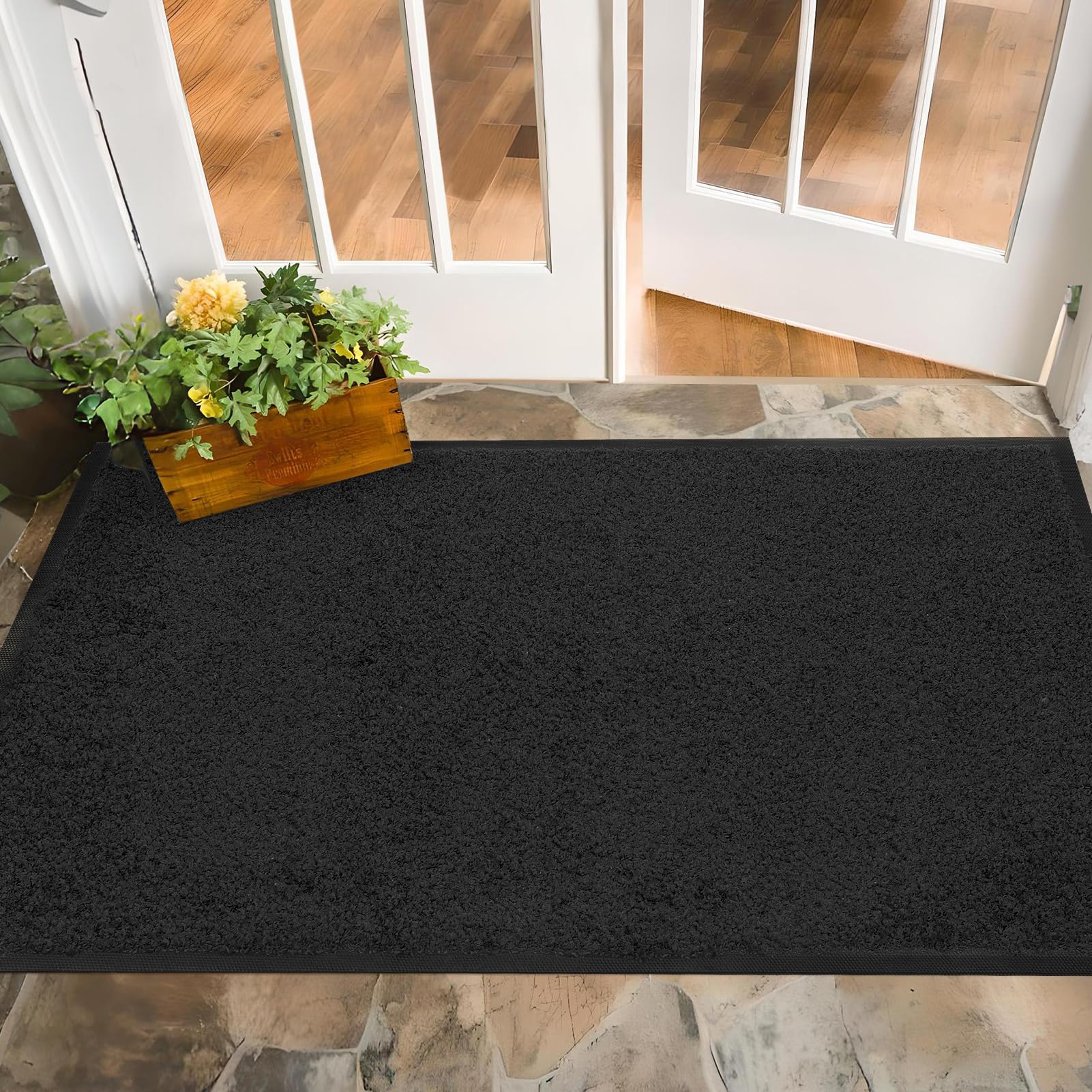 Mibao Super Absorbent Front Door Mat, 48" x 24", Non-Slip Washable Indoor Doormats, Low Profile Entryway Rug Outdoor, Dirt Resistant Welcome Mats for Front and Back Door Entrance, Pure Black