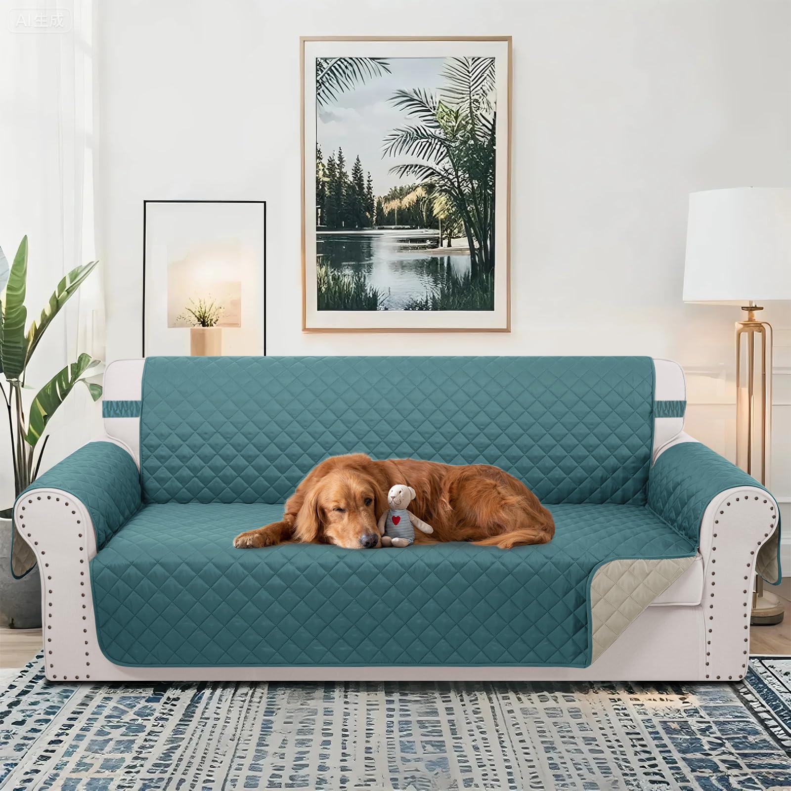 Luxshare Home Reversible 4 Seater Sofa Cover 91" Large, Sofa, Blue/Beige