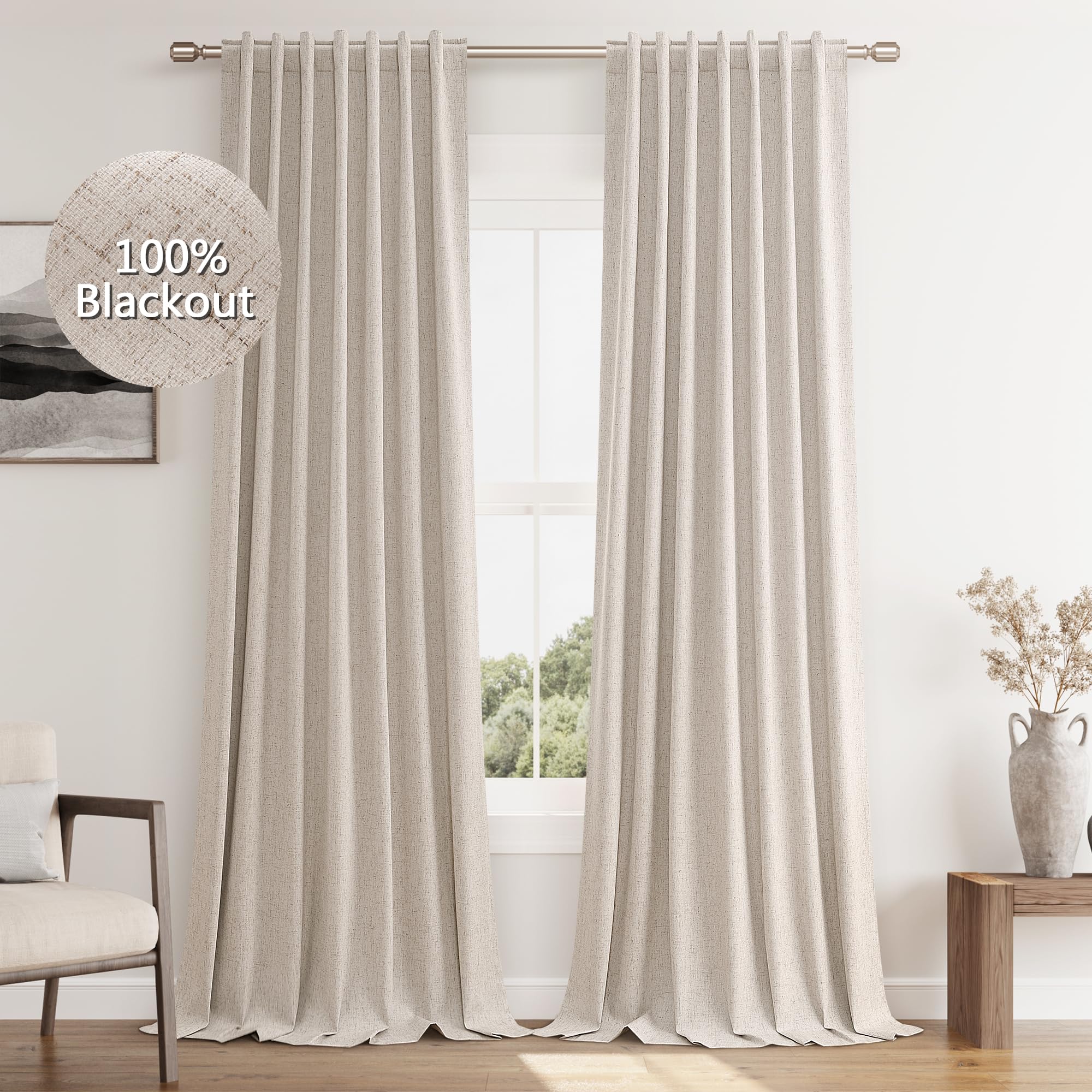 Guken Oatmeal 100% Blackout Curtains 108 Inch Length 2 Panels Set for Living Room Bedroom Back Tab Thermal Insulated Black Out Linen Drapes Room Darkening Window Curtains 108 Inches Long