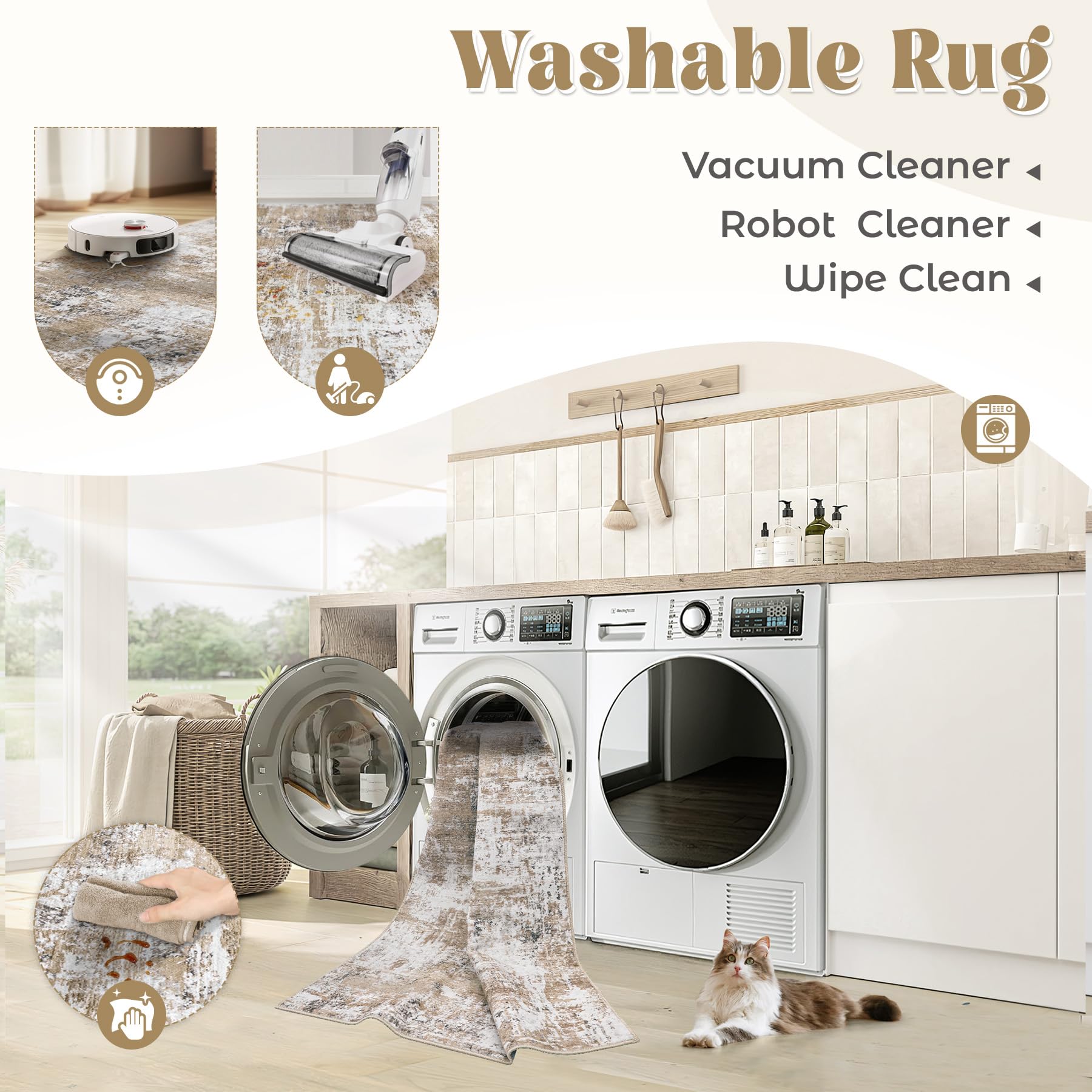 XLUEZ 5x7 Area Rugs for Living Room, Washable Modern Abstract Large Area Rug Neutral Soft Non Slip Kids Rug Stain Resistant Indoor Carpet for Bedroom Nursery Dining Room Playroom(Beige, 5'x7')