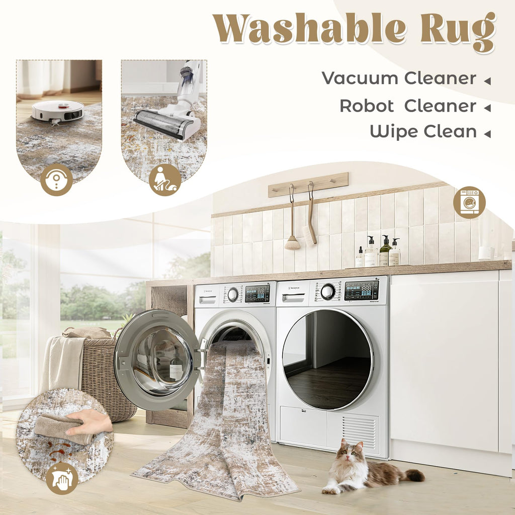 XLUEZ 5x7 Area Rugs for Living Room, Washable Modern Abstract Large Area Rug Neutral Soft Non Slip Kids Rug Stain Resistant Indoor Carpet for Bedroom Nursery Dining Room Playroom(Beige, 5'x7')
